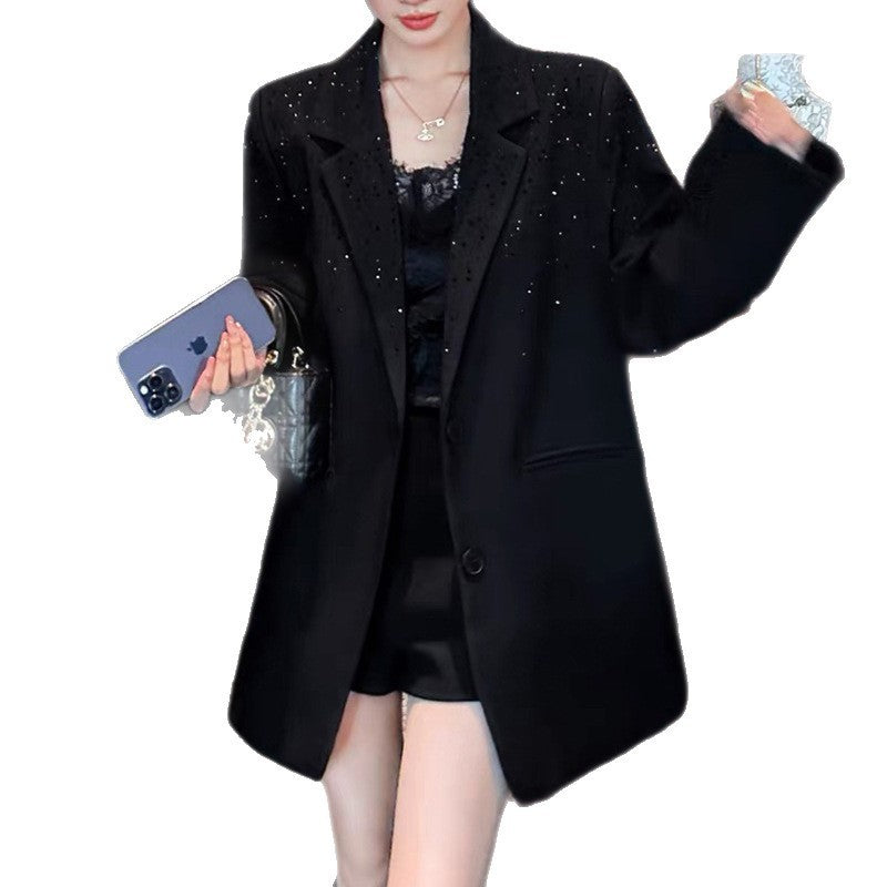 Black Niche Design Rhinestone Suit Jacket For Women