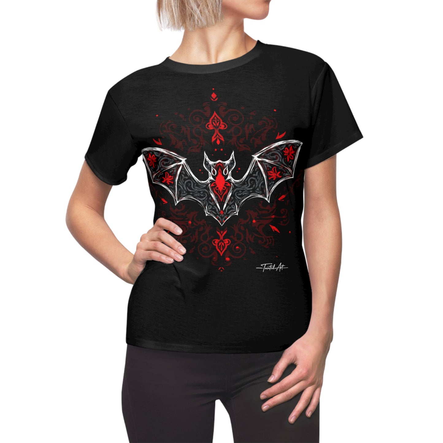 Dark Notes Women's Graphic Tee — Red Gothic Bat Tribal Design