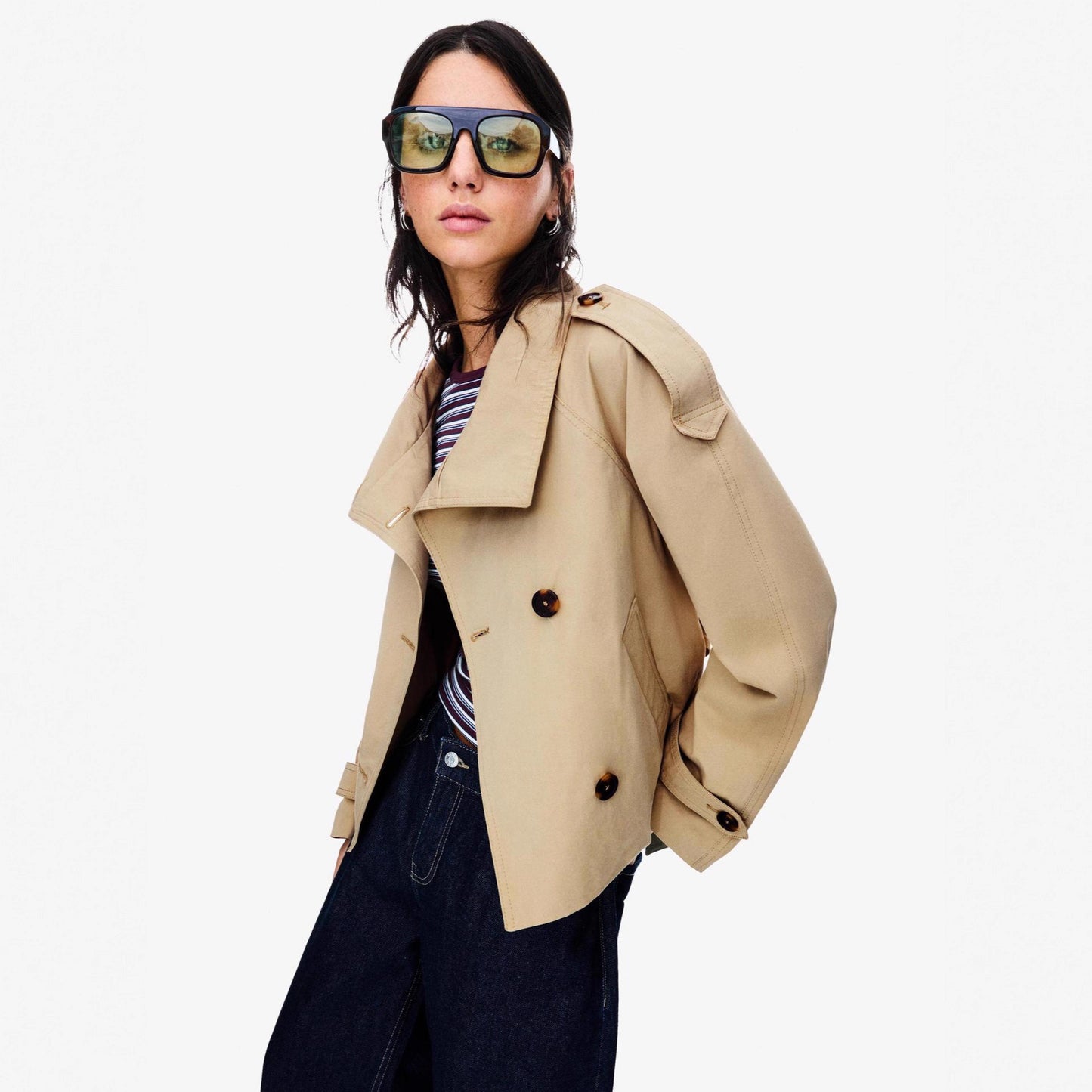 Stand Collar Temperament Commute Double Breasted Waist-controlled Lace-up Short Trench Coat