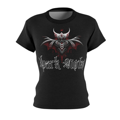 Dark Notes Women's Graphic Tee — Gothic Tribal Bat Design