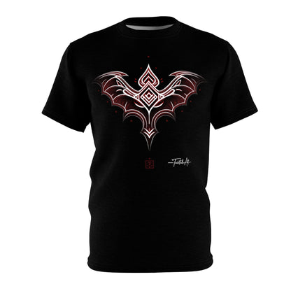 Dark Notes Gothic Red Bat Graphic Tee — Dark Tribal Wing Design