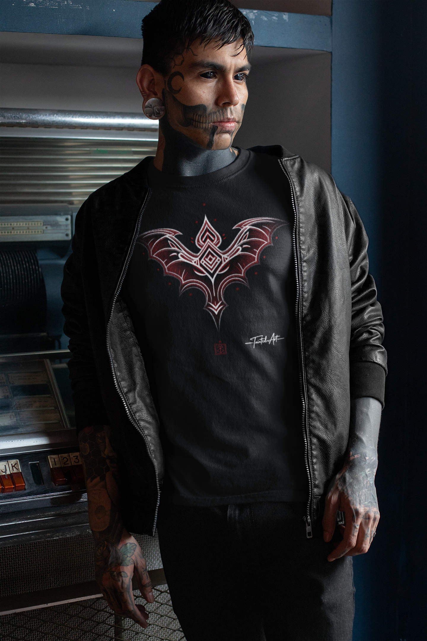 Dark Notes Gothic Red Bat Graphic Tee — Dark Tribal Wing Design