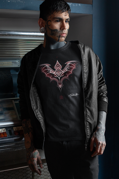 Dark Notes Gothic Red Bat Graphic Tee — Dark Tribal Wing Design