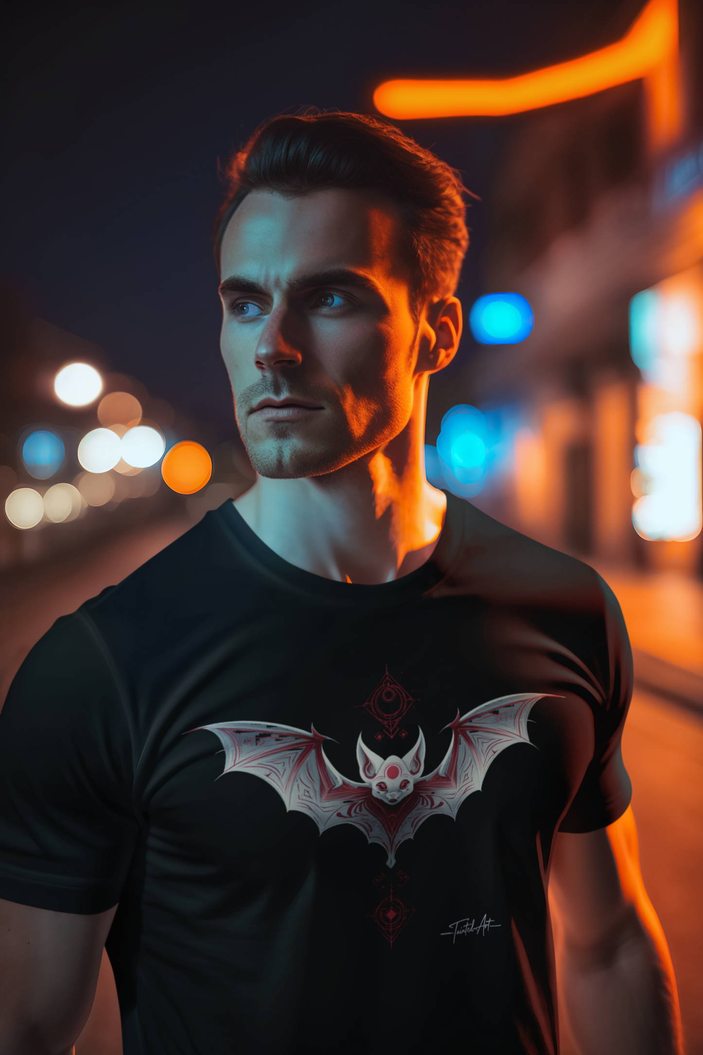 Dark Notes Gothic Red Bat Graphic Tee — Dark Tribal Wing Design