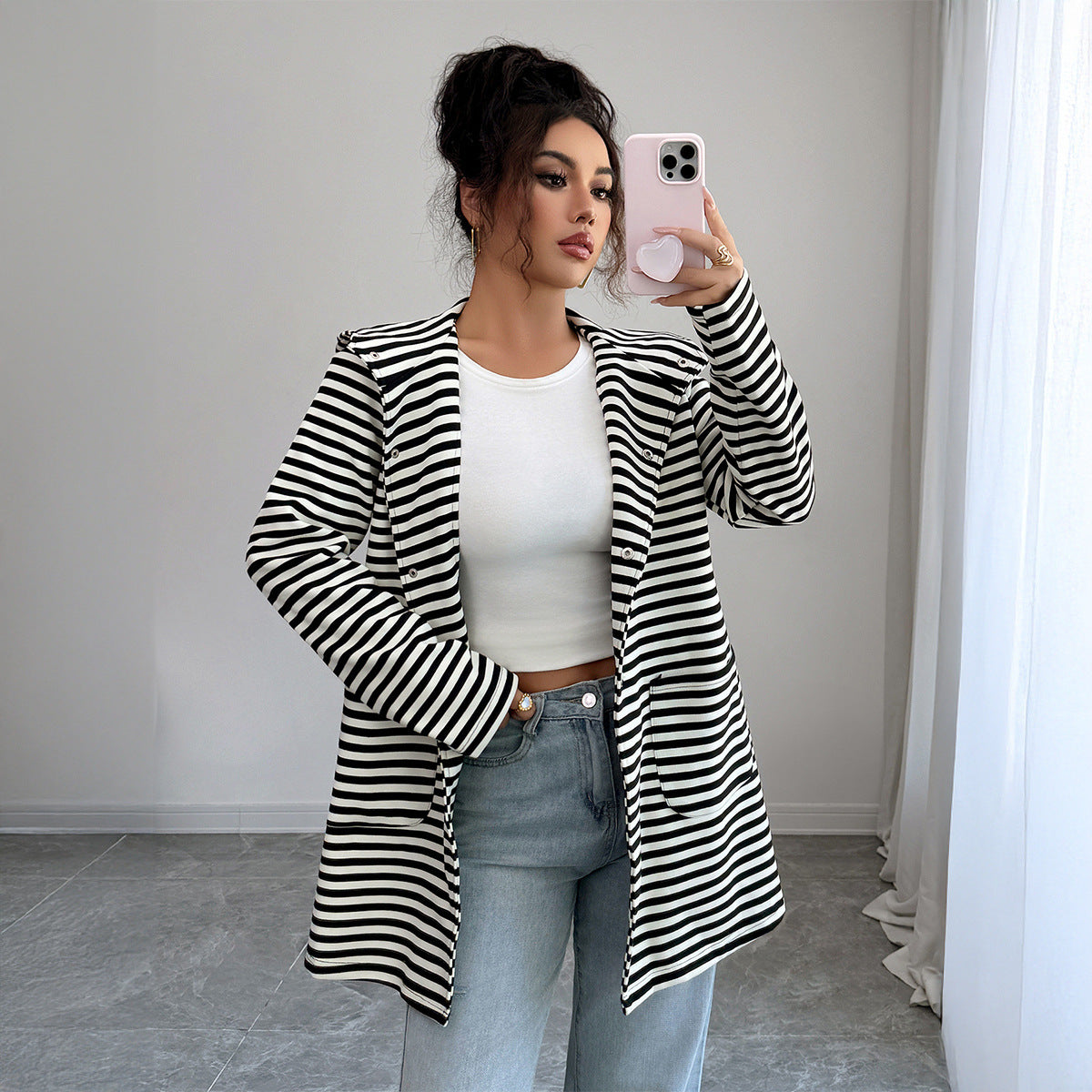Fake Stripes Long Sleeve Trench Coat