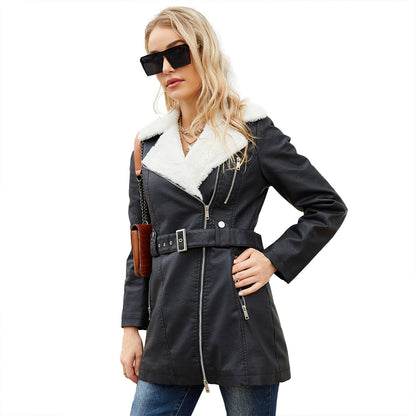 Long Sleeve Fleece Leather Jacket Women