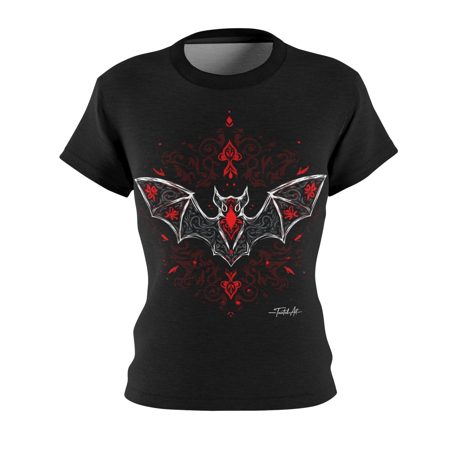 Dark Notes Women's Graphic Tee — Red Gothic Bat Tribal Design