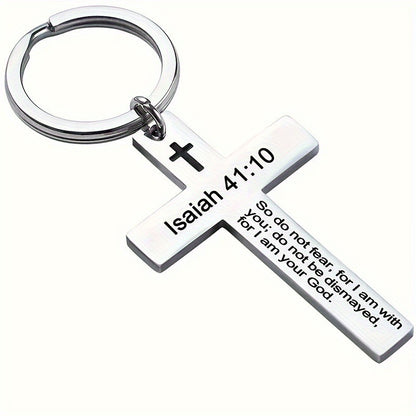 Personality Trend Stainless Steel Faith Cross Scripture Lettering Metal Keychains