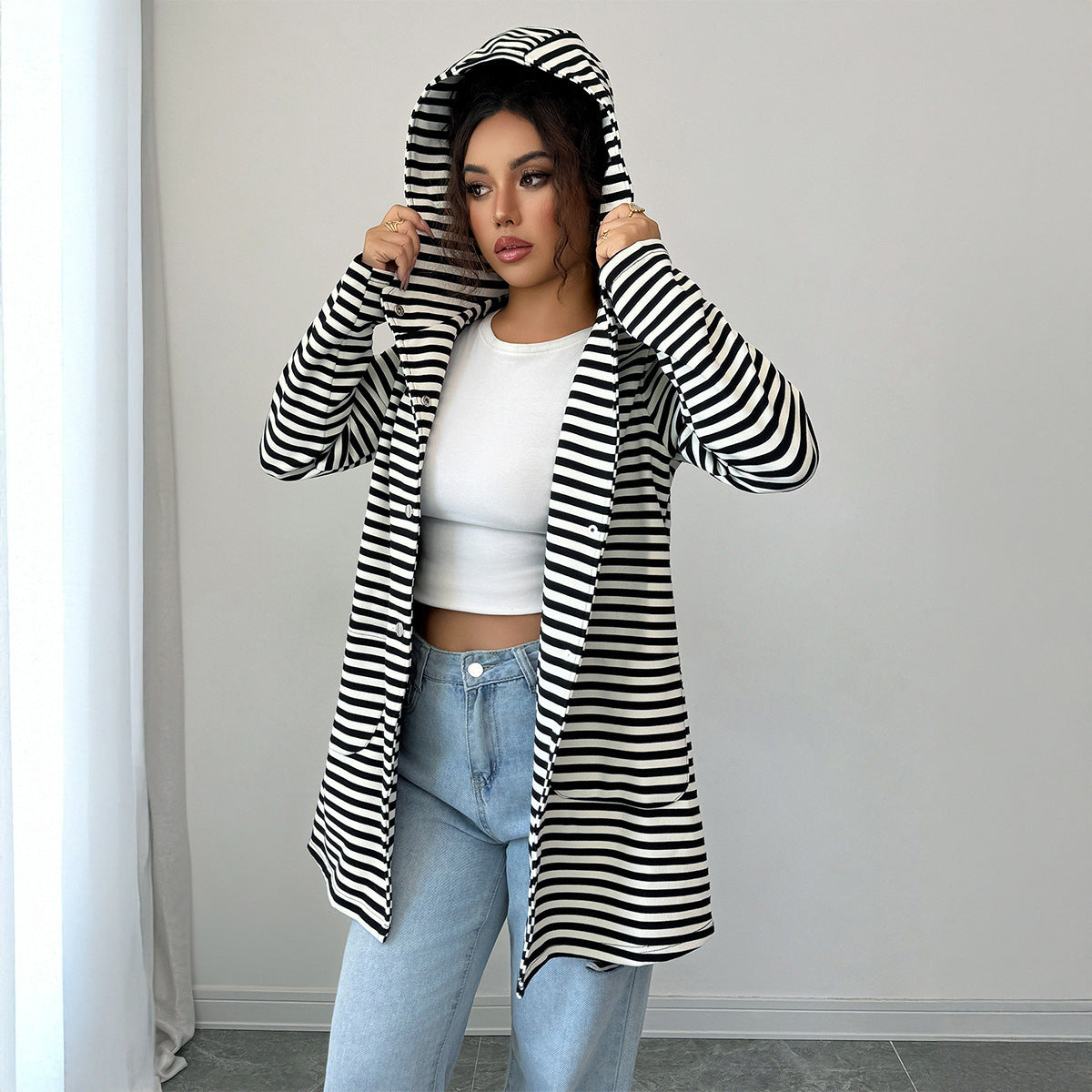Fake Stripes Long Sleeve Trench Coat