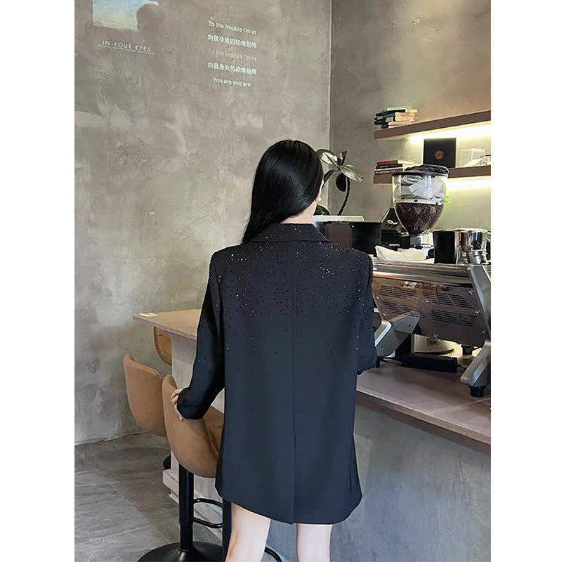 Black Niche Design Rhinestone Suit Jacket For Women